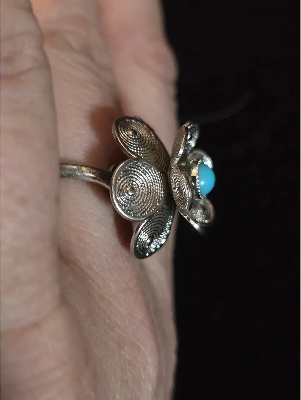 Vintage 1970s Sarah Coventry Silver Flower Filigree Ring with Turquoise Cabochon